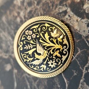 ​Vintage Spanish Damascene Brooch – 24K Gold & Silver Inlay – Toledo Bird Floral